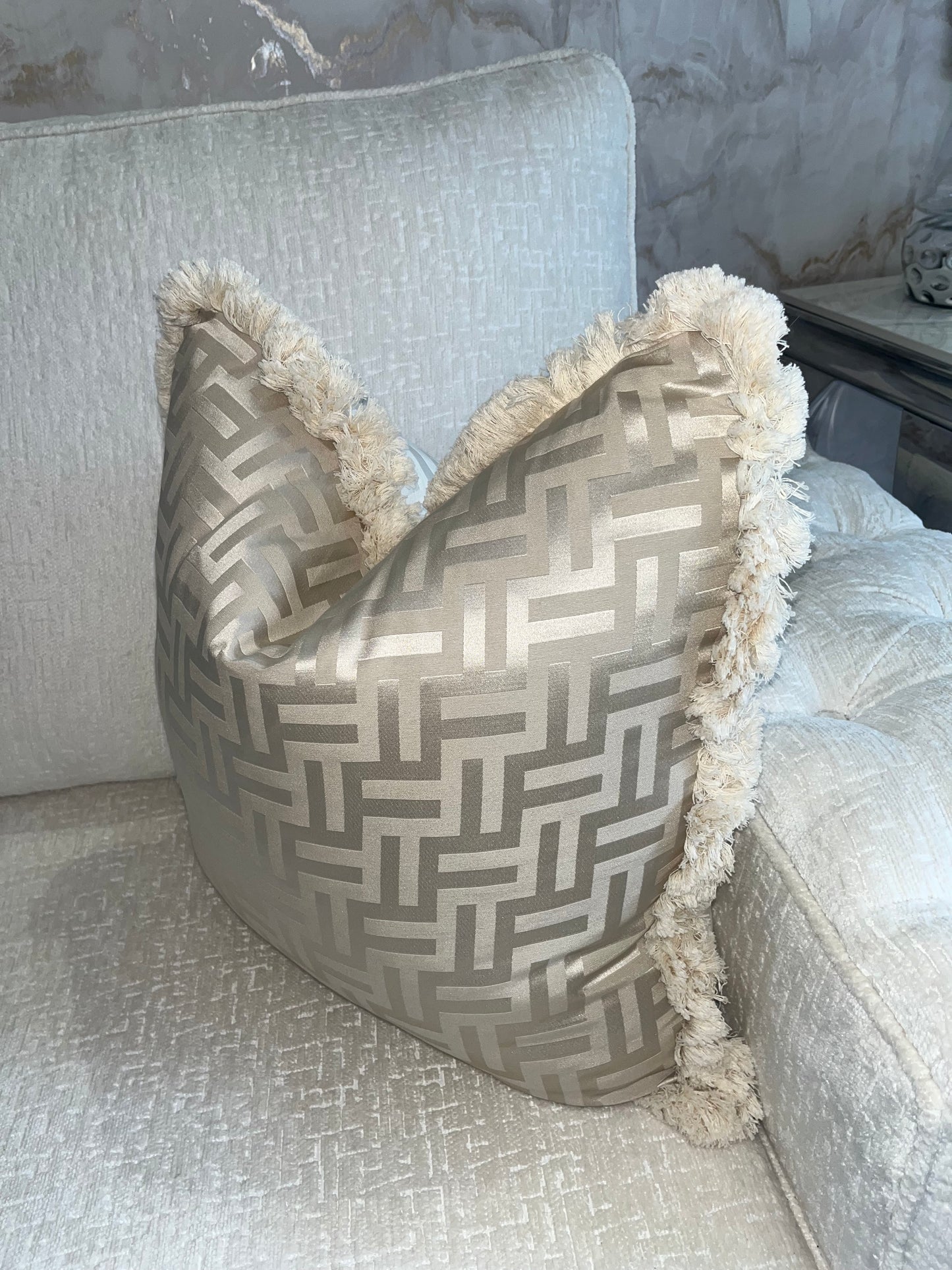 FF Cushion in Beige and White With Fringe Detail  (Reversible)