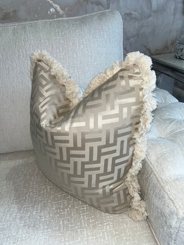 FF Cushion in Beige and White With Fringe Detail  (Reversible)