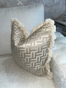 FF Cushion in Beige and White With Fringe Detail  (Reversible)