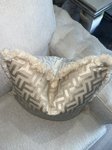 FF Cushion in Beige and White With Fringe Detail  (Reversible)