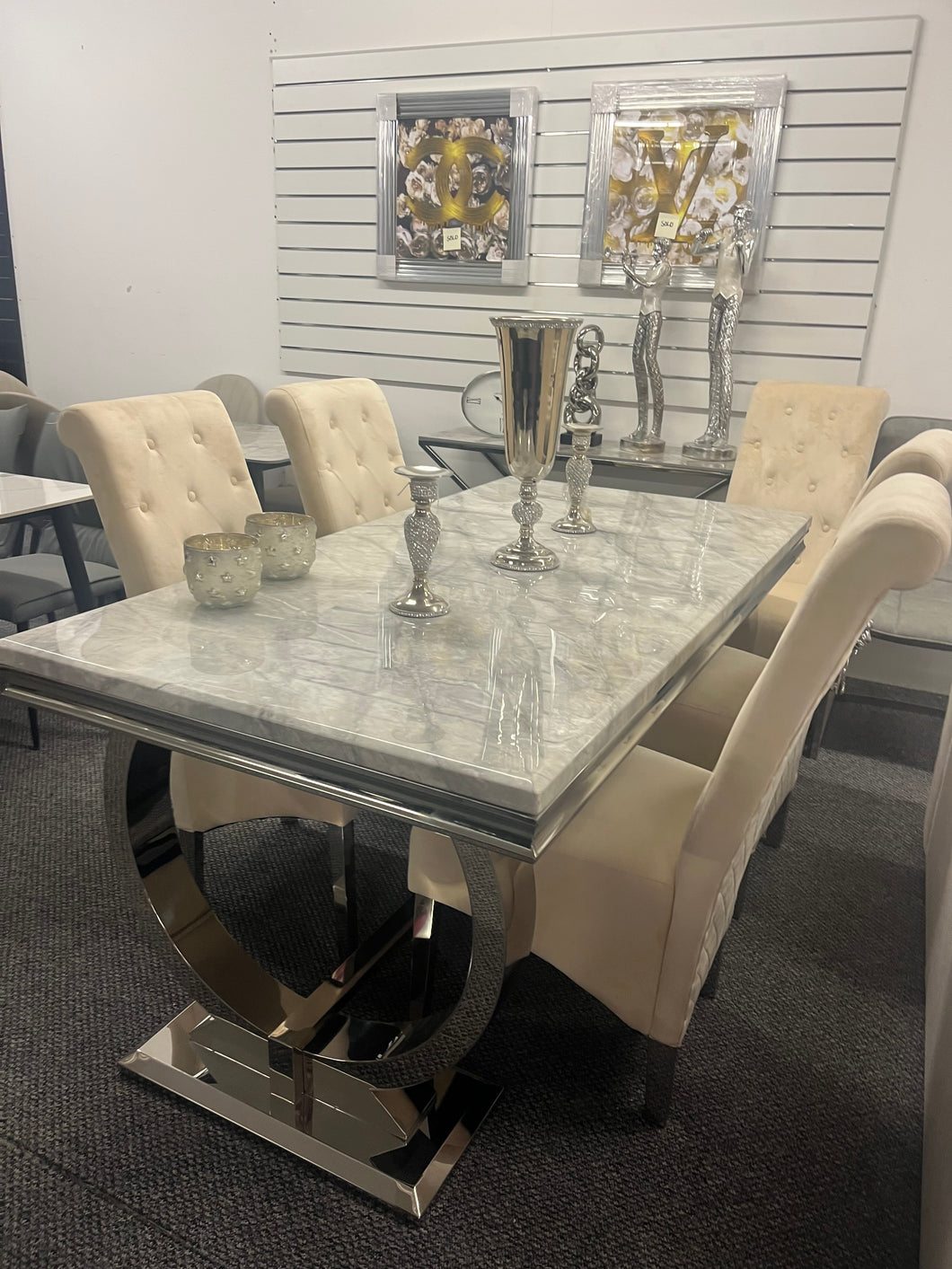 1.5m Arianna Grey Marble & Stainless Steel Circular Base Dining Table