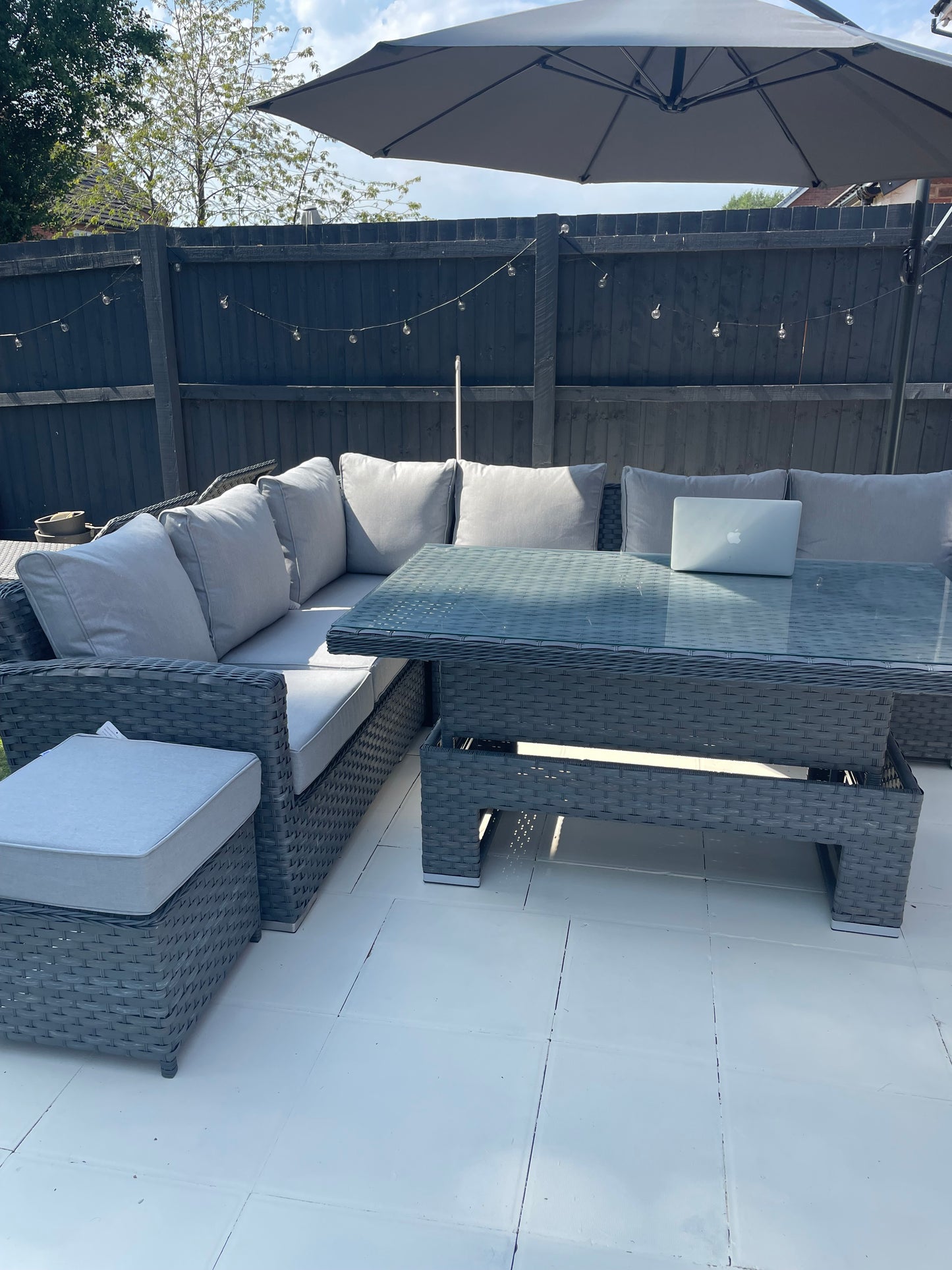 Monte Carlo Grey Rattan Corner Sofa Garden Dining Set With Rising Table - April Pre-Order