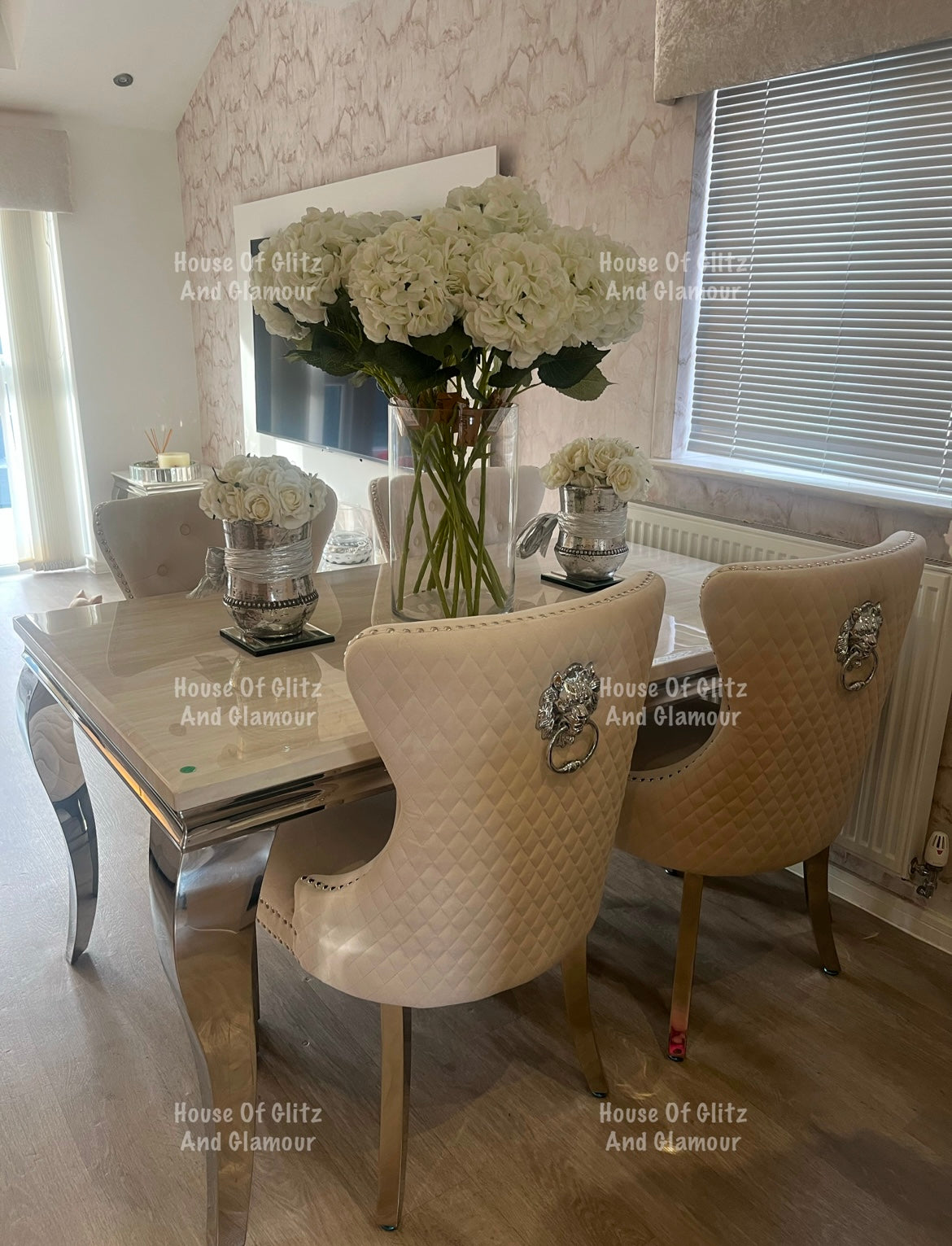 Louis Cream Marble 1.5 Dining Table With Chrome Legs + 4 Sofia Ivory Chairs