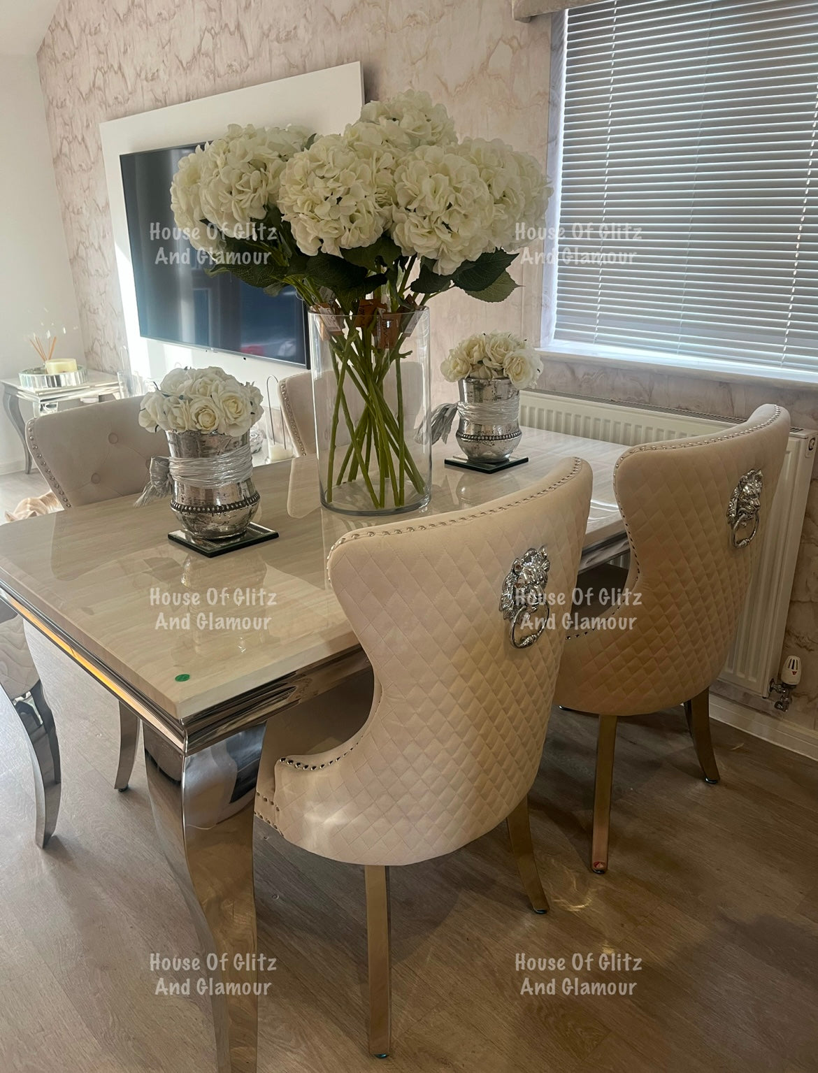 Louis Cream Marble 1.5 Dining Table With Chrome Legs + 4 Sofia Ivory Chairs