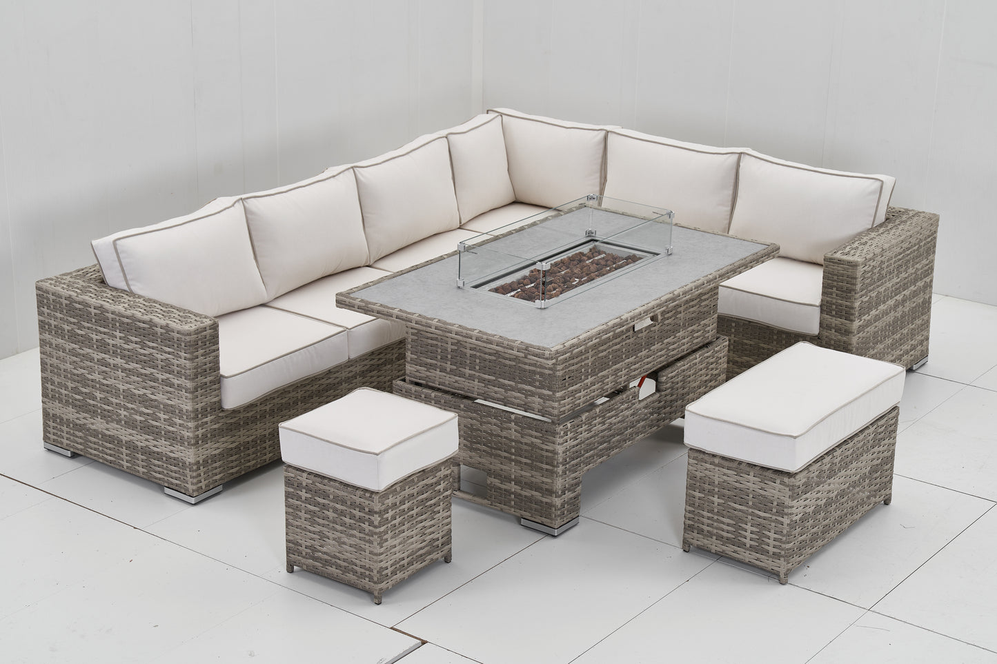 Marbella Rattan 8 Seater Corner Rising Dining Table Set with Fire Pit – Cream