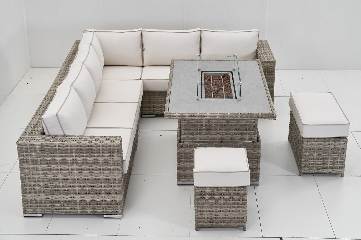Marbella Rattan 8 Seater Corner Rising Dining Table Set with Fire Pit – Cream