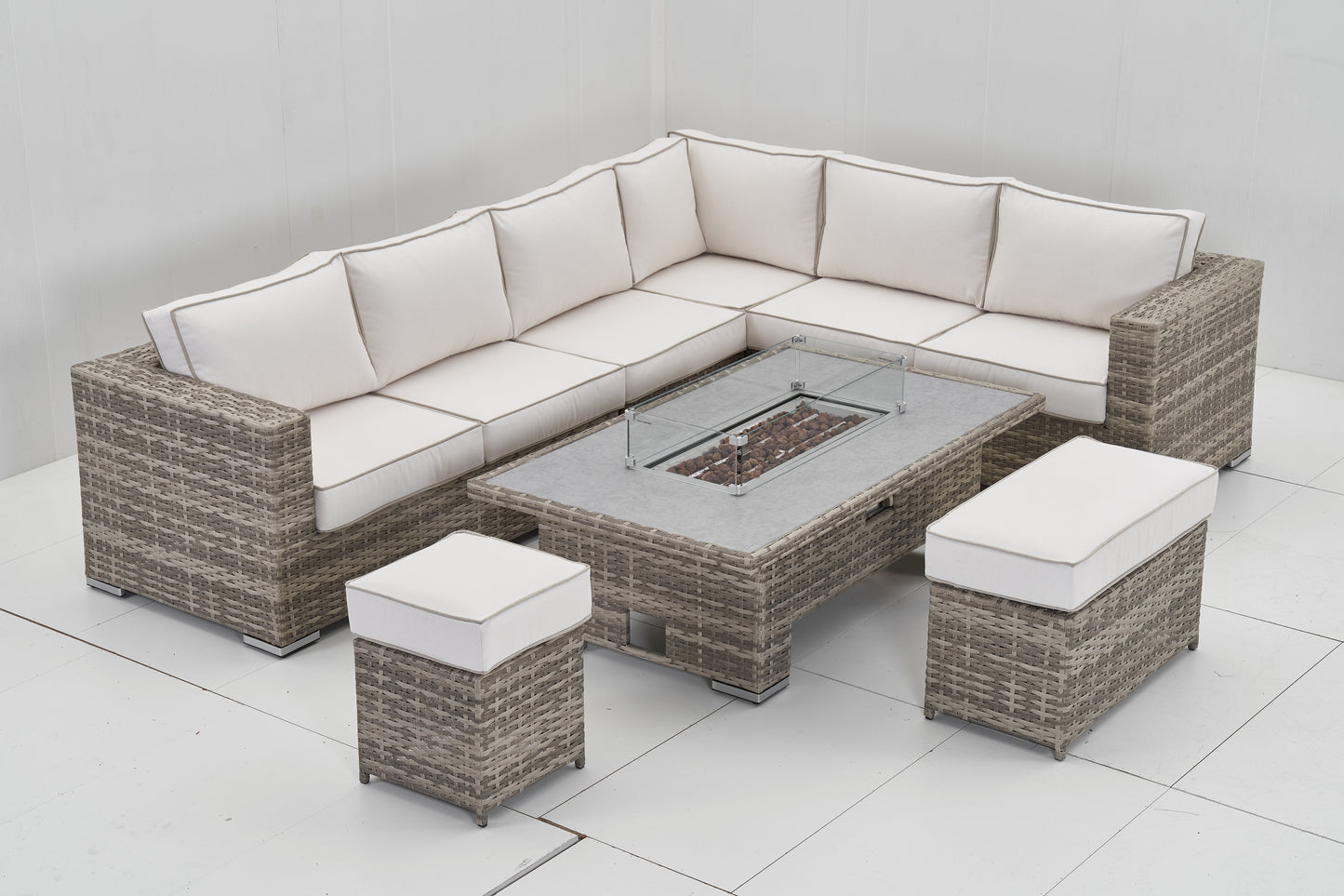 Marbella Rattan 8 Seater Corner Rising Dining Table Set with Fire Pit – Cream