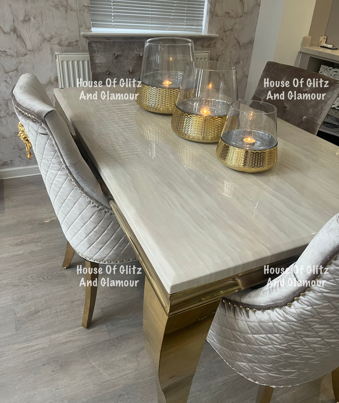 Louis Cream Marble Dining Table With Gold Legs