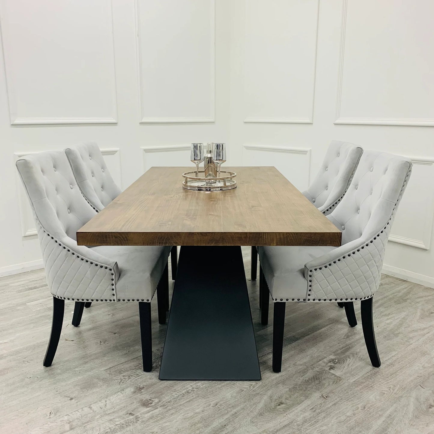Chelsea Light Grey Velvet Dining Chair With Black Leg And Ring Knocker