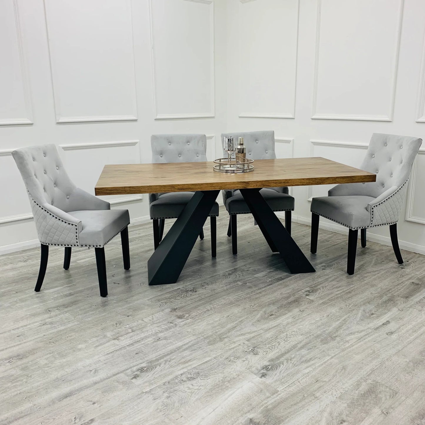 Chelsea Light Grey Velvet Dining Chair With Black Leg And Ring Knocker