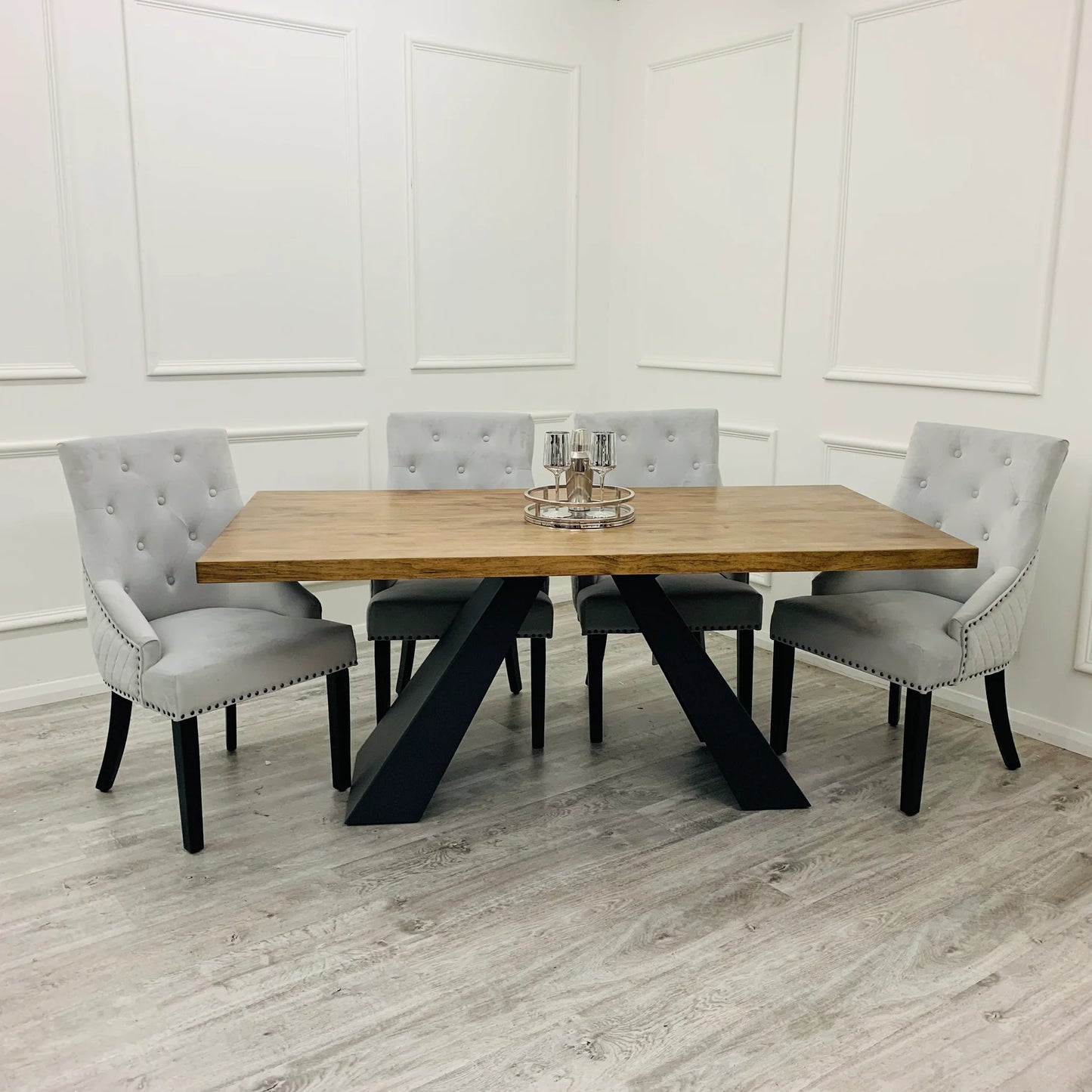 Chelsea Light Grey Velvet Dining Chair With Black Leg And Ring Knocker