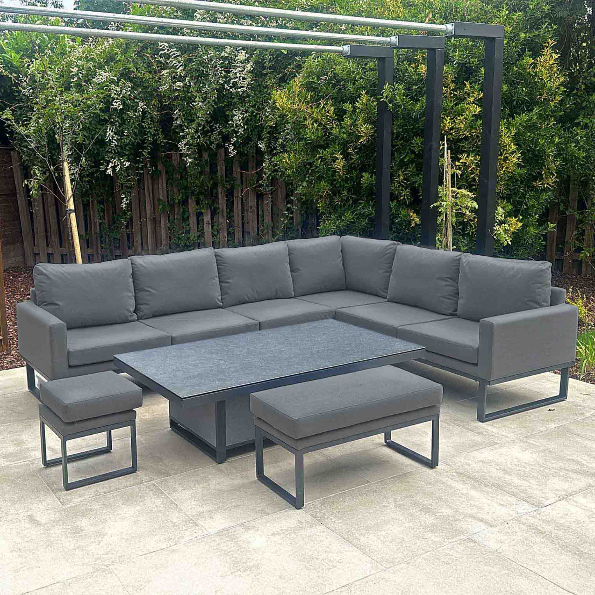 JUPITER Corner Sofa with Rising Table, Stool and Bench in Dark Grey Al ...