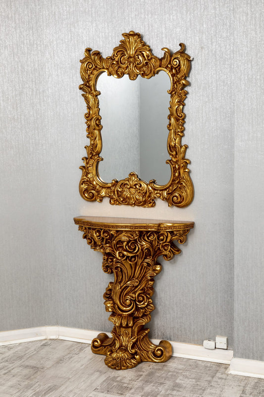 French Ornate Gold Console and Mirror Set