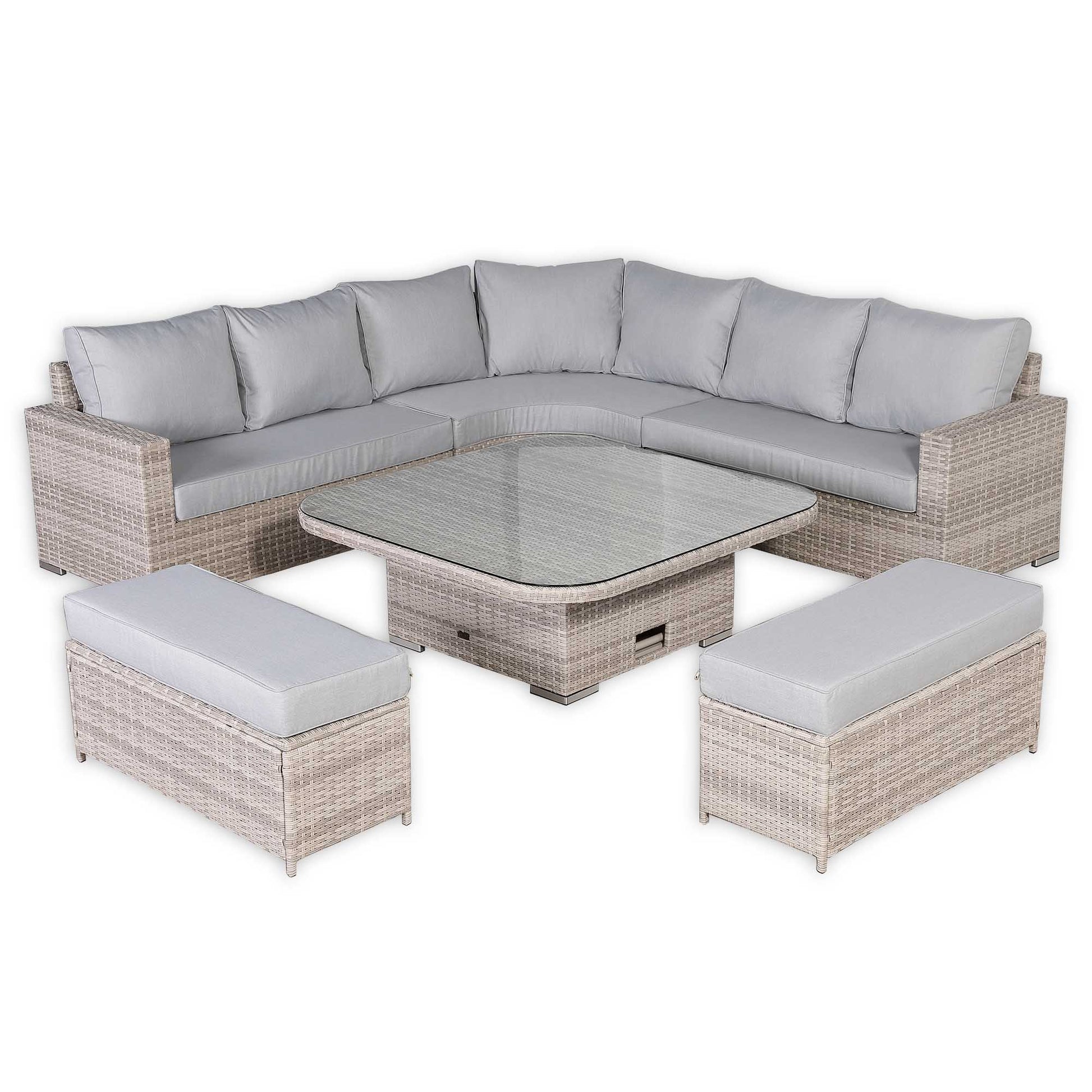 Outdoor furniture set with a sectional sofa, glass-top table, and ottomans on a white background