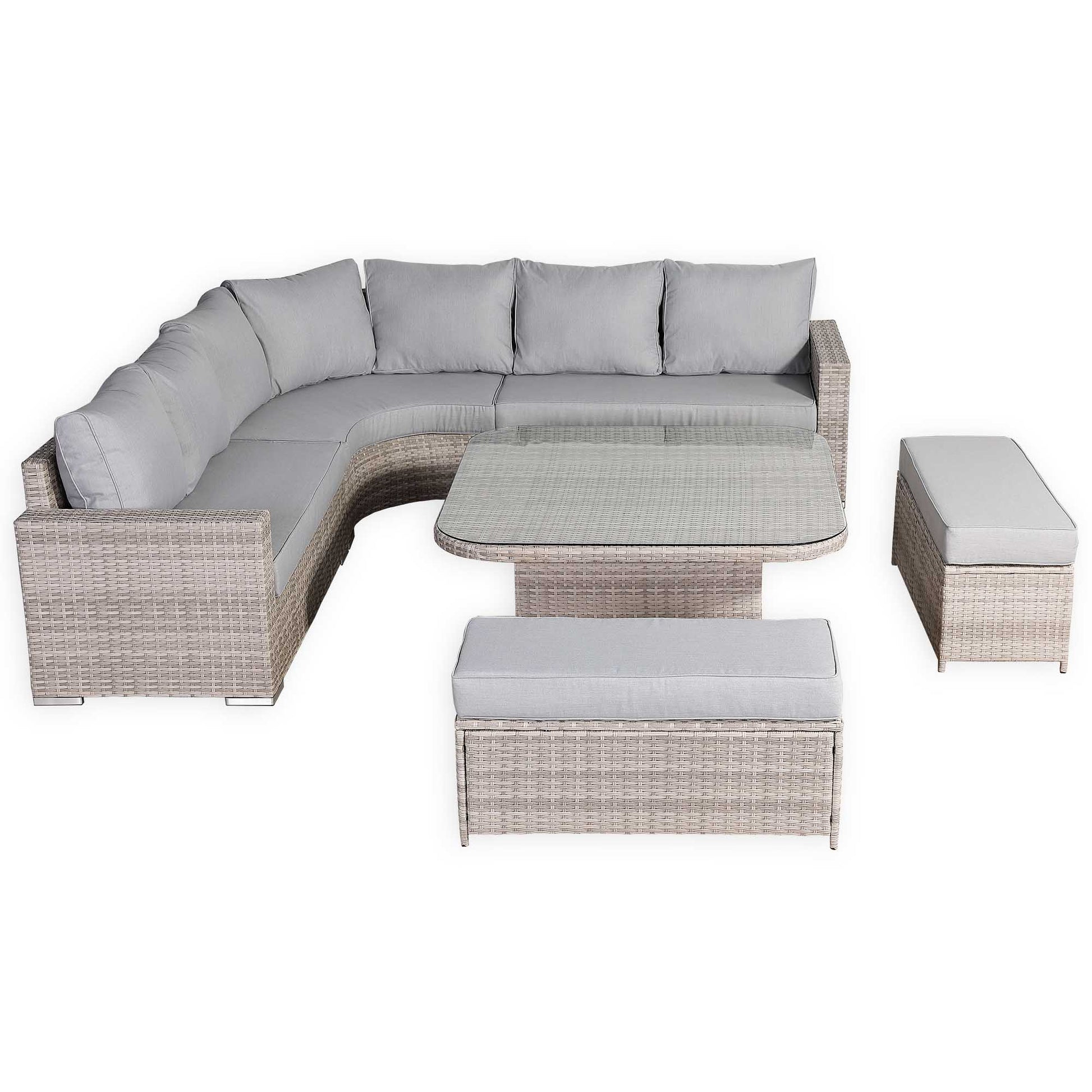 Outdoor furniture set with a sectional sofa, table, and ottomans on a white background