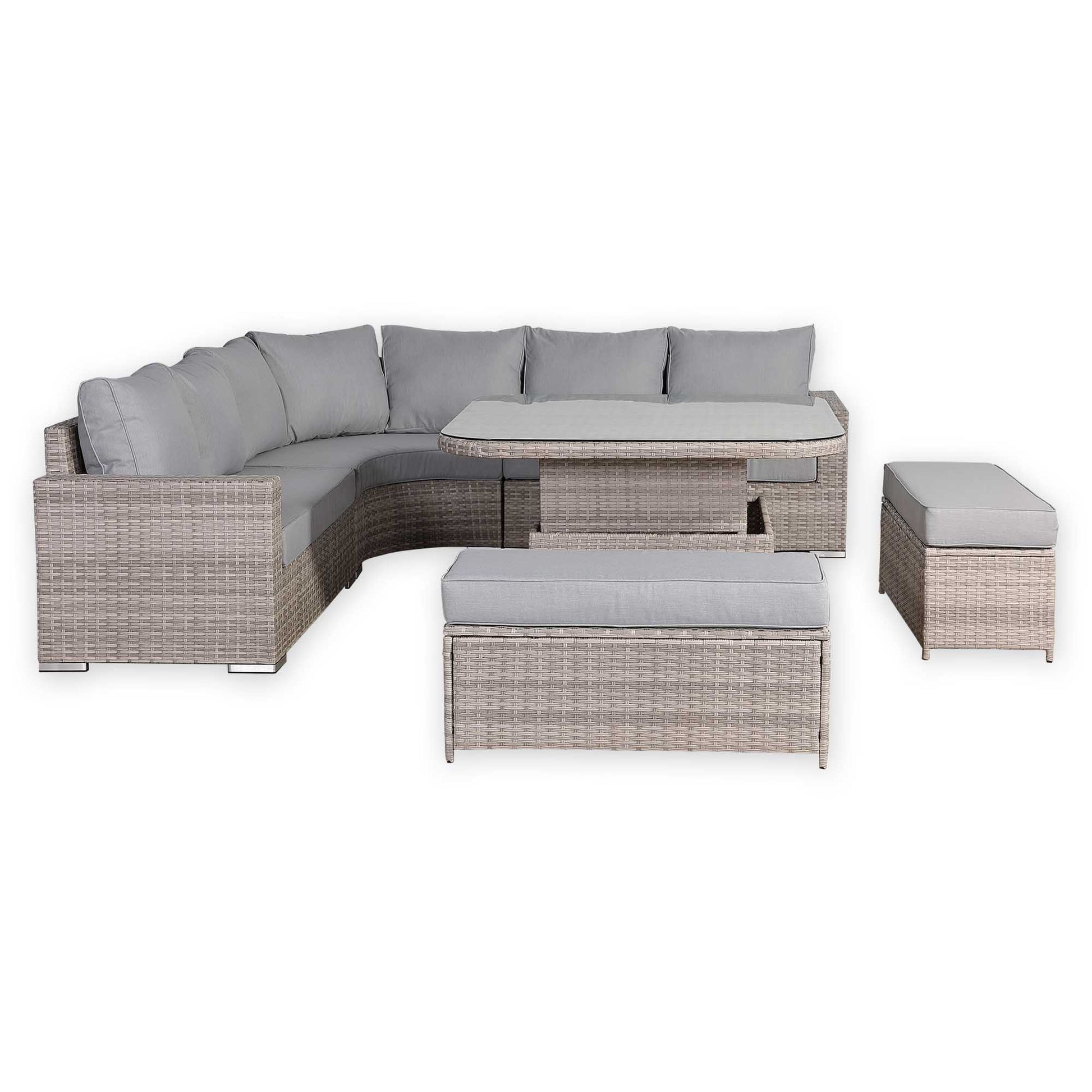 Outdoor furniture set with gray cushions on a white background