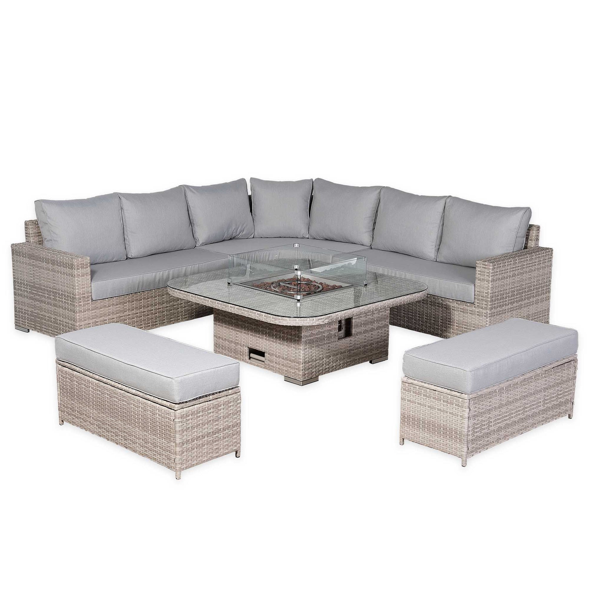 Outdoor patio furniture set with sectional sofa, ottomans, and fire pit table on a white background