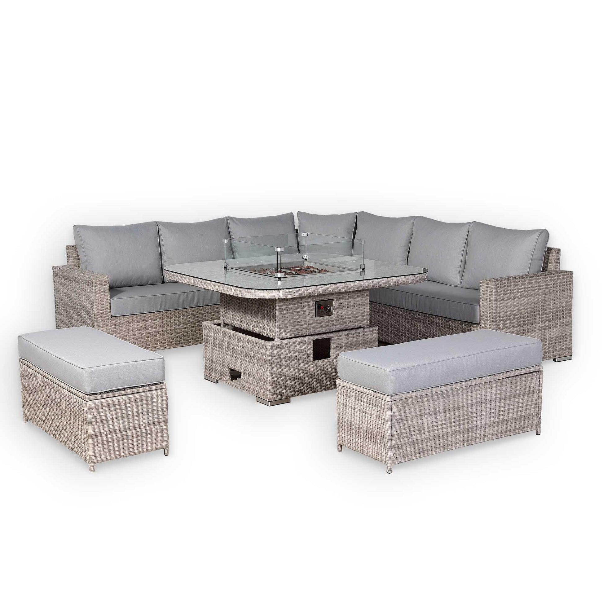 Outdoor patio furniture set with gray cushions on a white background