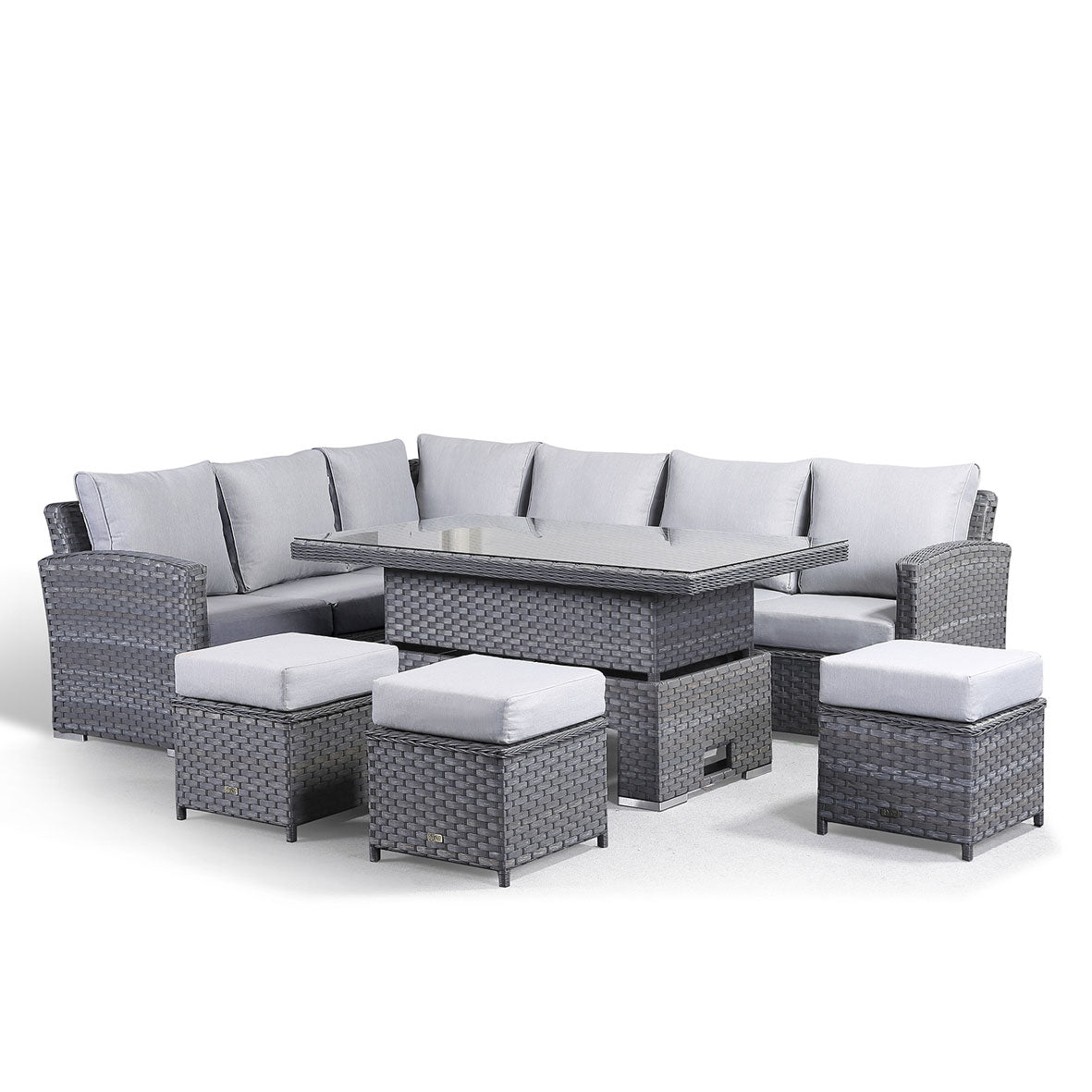 Monte Carlo Grey Rattan Corner Sofa Garden Dining Set With Rising Table - April Pre-Order