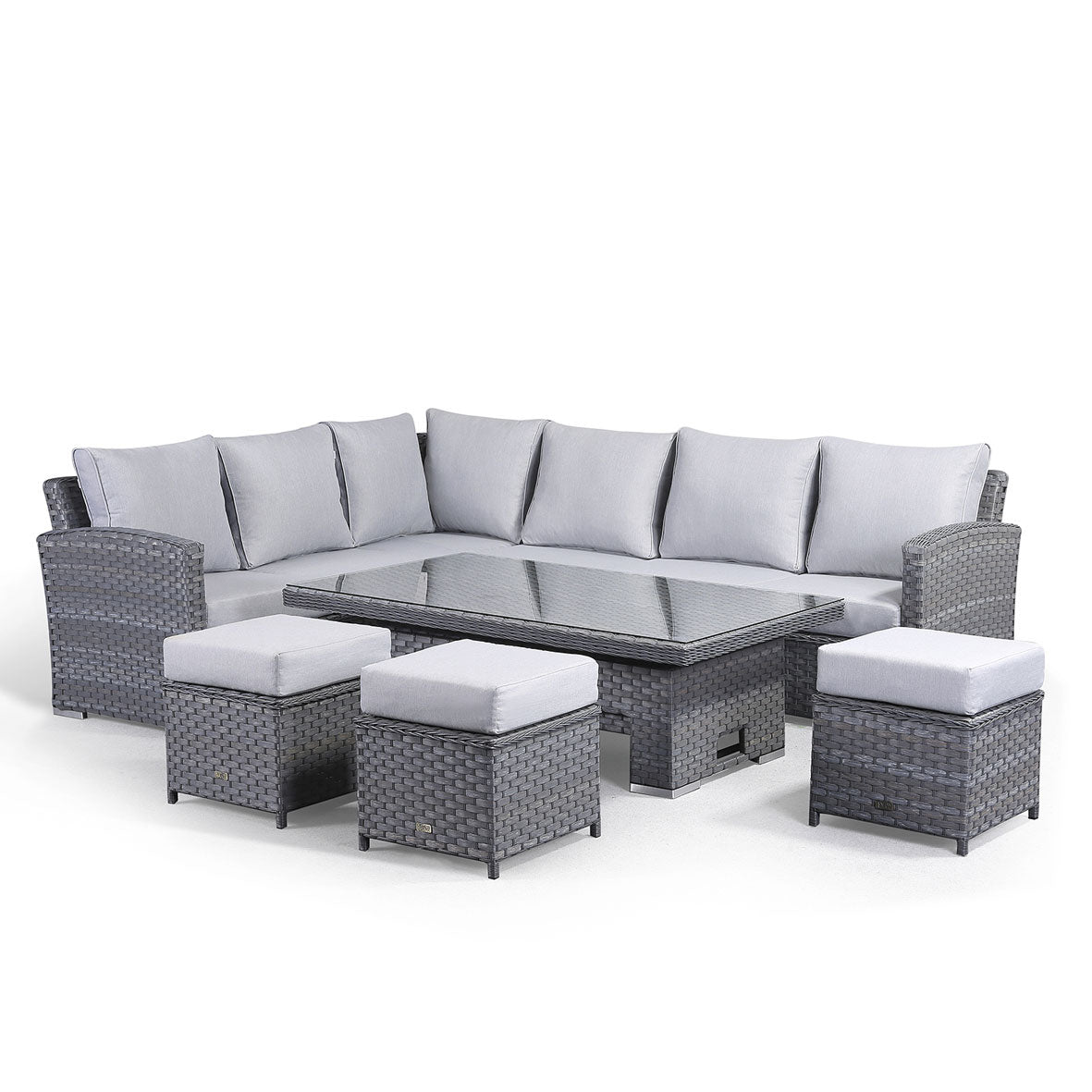 Monte Carlo Grey Rattan Corner Sofa Garden Dining Set With Rising Table - April Pre-Order