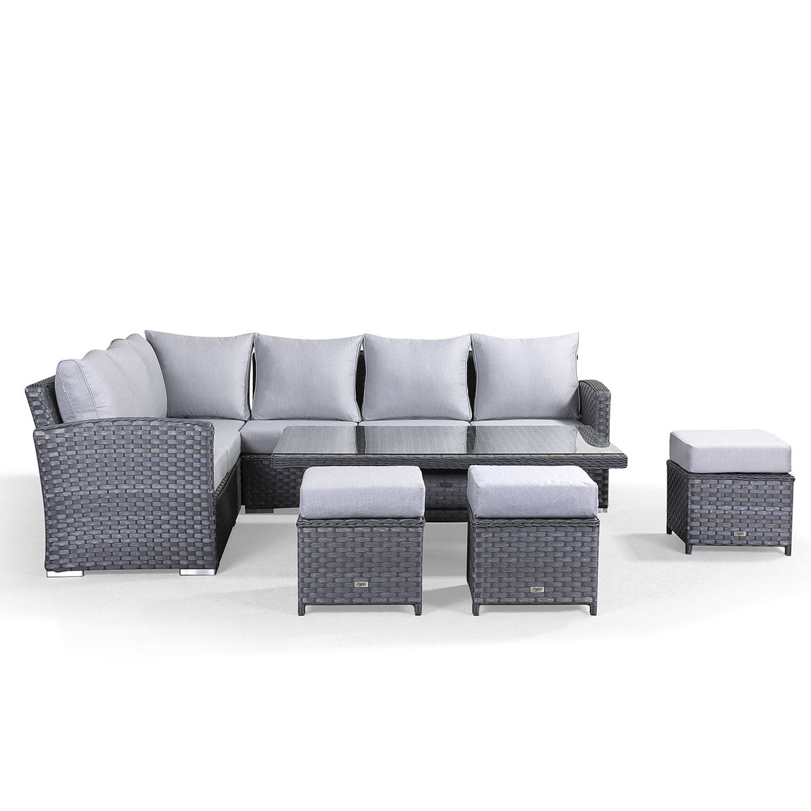 Monte Carlo Grey Rattan Corner Sofa Garden Dining Set With Rising Table - April Pre-Order