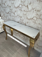 Load image into Gallery viewer, Louis Ice White Glass &amp; Gold Legs Console Table 140cm x 40cm x 75cm