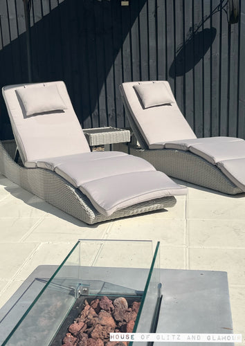 Display Set - Kensington Set of 2 Sun Loungers with Side Table in Grey Rattan