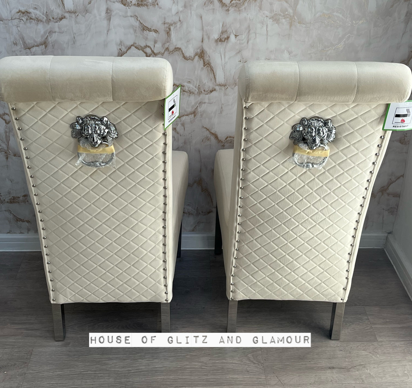 Lou Lou High Back Cream ( Vanilla )  Velvet Lion Knocker Back Dining Chair
