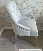 Load image into Gallery viewer, Chelsea Light Grey With Chrome Legs Quilted French Velvet Lion Head Knocker Back Dining Chair