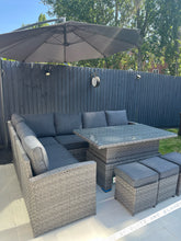 Load image into Gallery viewer, Mayfair Rattan Garden Set With Corner Sofa, Rising Coffee To Dining Table &amp; 3 Stools