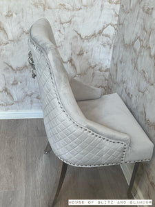 Chelsea Light Grey With Chrome Legs Quilted French Velvet Lion Head Knocker Back Dining Chair