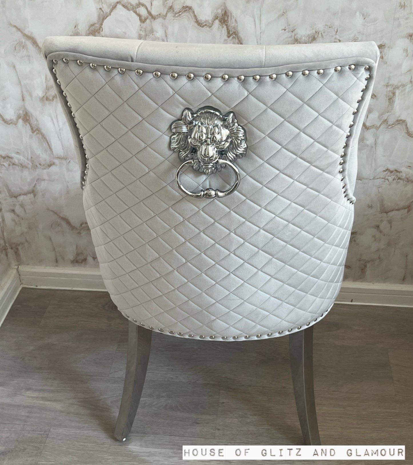 Chelsea Light Grey With Chrome Legs Quilted French Velvet Lion Head Knocker Back Dining Chair