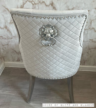 Load image into Gallery viewer, Chelsea Light Grey With Chrome Legs Quilted French Velvet Lion Head Knocker Back Dining Chair