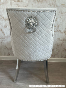 Chelsea Light Grey With Chrome Legs Quilted French Velvet Lion Head Knocker Back Dining Chair