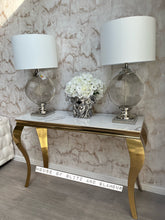 Load image into Gallery viewer, Louis Ice White Glass &amp; Gold Legs Console Table 140cm x 40cm x 75cm