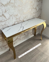 Load image into Gallery viewer, Louis Ice White Glass &amp; Gold Legs Console Table 140cm x 40cm x 75cm