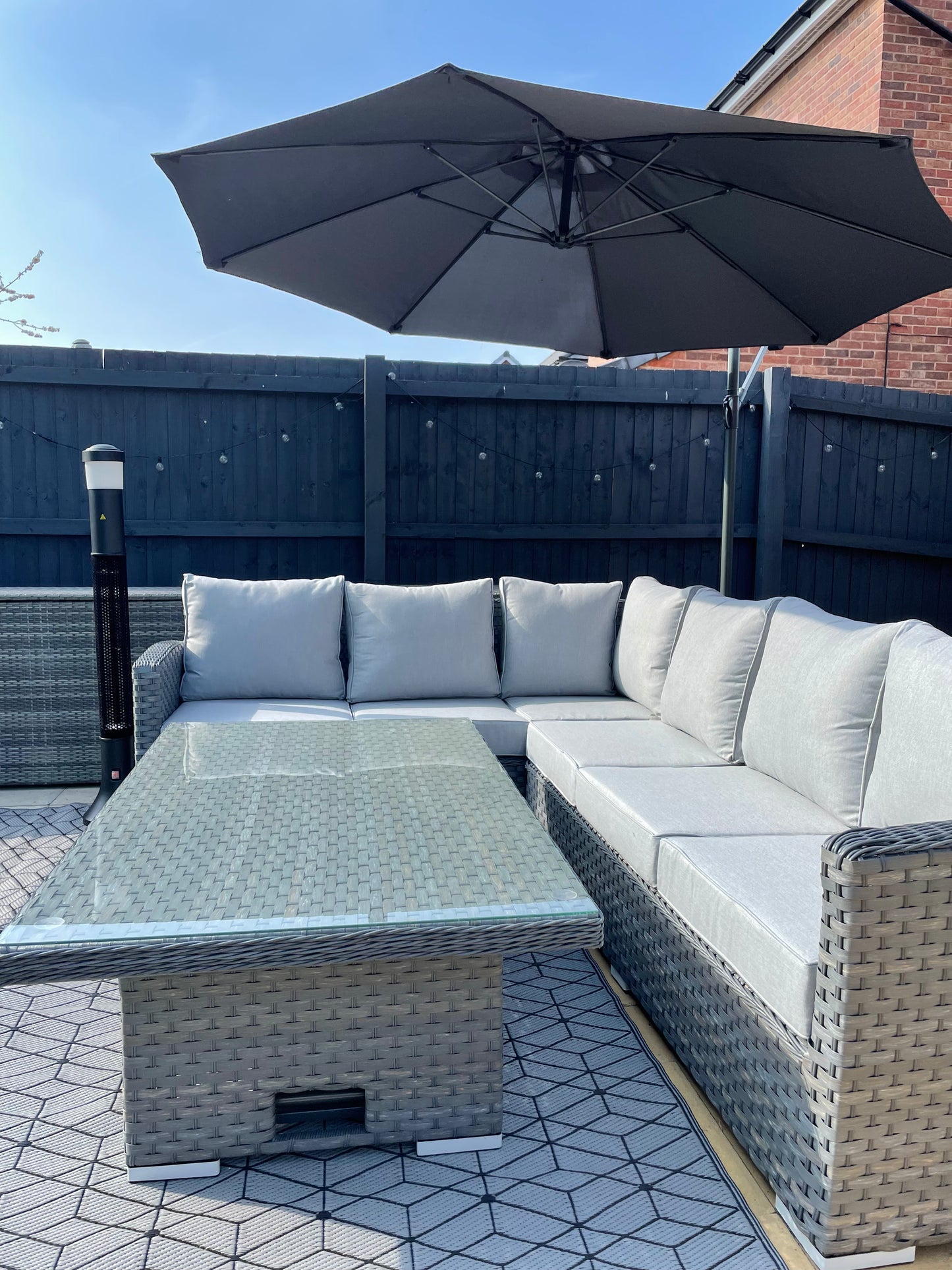 Monte Carlo Grey Rattan Corner Sofa Garden Dining Set With Rising Table - April Pre-Order