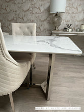 Load image into Gallery viewer, Display Item - Luca 1.6 Chrome Dining Table with Ice White Sintered With 2 Ivory Chelsea Dining Chairs Stone Top