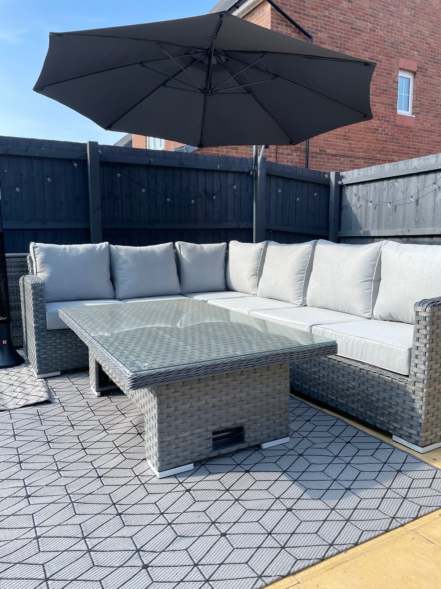 Monte Carlo Grey Rattan Corner Sofa Garden Dining Set With Rising Table - April Pre-Order