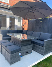 Load image into Gallery viewer, Mayfair Rattan Garden Set With Corner Sofa, Rising Coffee To Dining Table &amp; 3 Stools