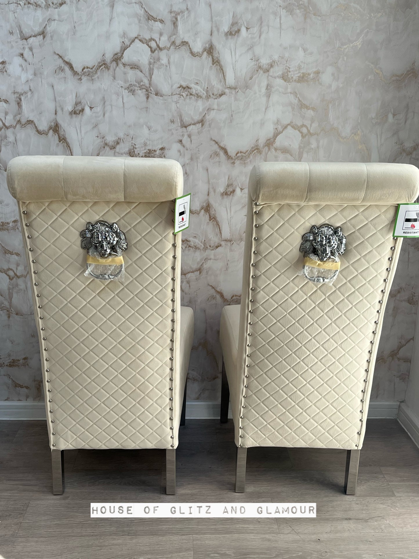 Lou Lou High Back Cream ( Vanilla )  Velvet Lion Knocker Back Dining Chair