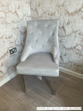 Load image into Gallery viewer, Chelsea Light Grey With Chrome Legs Quilted French Velvet Lion Head Knocker Back Dining Chair