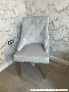 Chelsea Light Grey With Chrome Legs Quilted French Velvet Lion Head Knocker Back Dining Chair