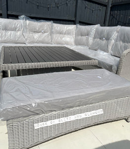 Kensington Grey Rattan Corner Sofa Garden Set With Rising Coffee To Dining Table