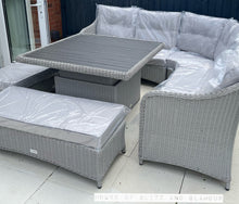 Load image into Gallery viewer, Kensington Grey Rattan Corner Sofa Garden Set With Rising Coffee To Dining Table