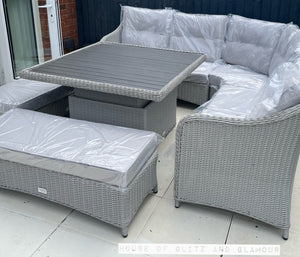 Kensington Grey Rattan Corner Sofa Garden Set With Rising Coffee To Dining Table