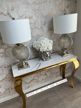 Load image into Gallery viewer, Louis Ice White Glass &amp; Gold Legs Console Table 140cm x 40cm x 75cm
