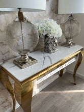 Load image into Gallery viewer, Louis Ice White Glass &amp; Gold Legs Console Table 140cm x 40cm x 75cm