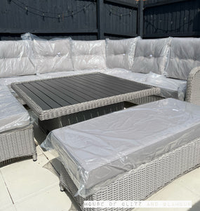 Kensington Grey Rattan Corner Sofa Garden Set With Rising Coffee To Dining Table