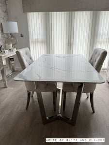 Display Item - Luca 1.6 Chrome Dining Table with Ice White Sintered With 2 Ivory Chelsea Dining Chairs Stone Top
